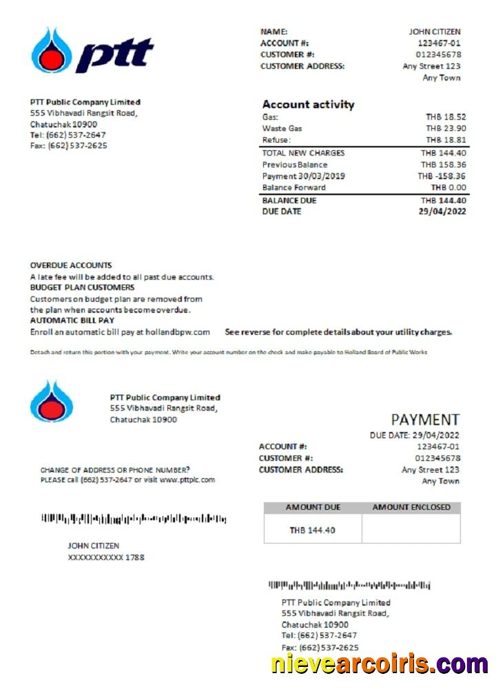 Thailand PTT gas utility bill